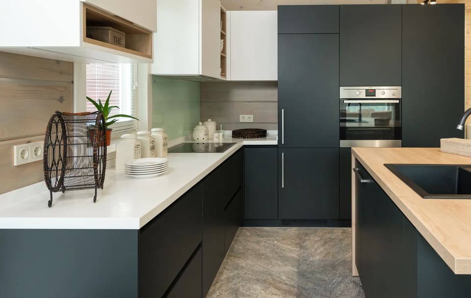 cabinets in a kitchen painted with satin paint